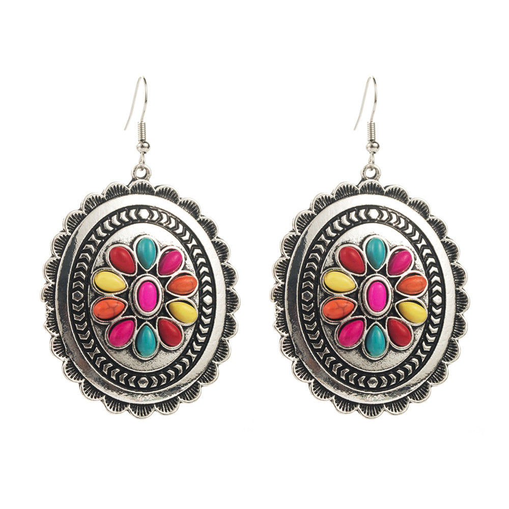 Wholesale Exaggerated turquoise retro geometric multi-layer long earrings